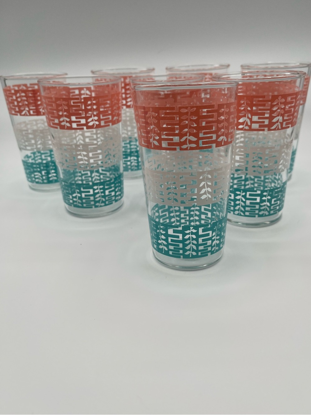 8 Pastel Anchor Hocking Peekaboo Leaf Drinking Glasses Vintage Tumblers MCM